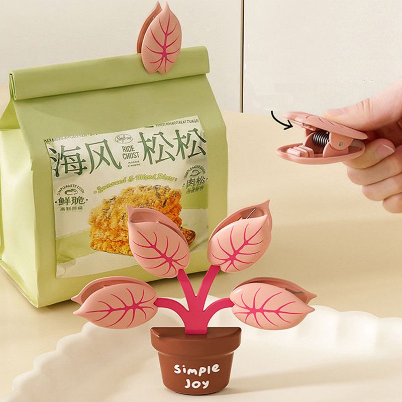 Home Food Bag Freshness Sealer, Creative Plant Pot Magnetic Clips, Multifunctional Fridge Magnet Clips, Cute Leaf-Shaped Food Bag Clips - Pink - Image 2