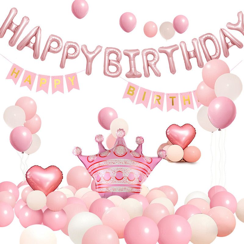 Birthday Party Decor Set: “HAPPY BIRTHDAY” Balloons + Bunting + Crown Set, Birthday Party Decor - Pink Set - Image 1