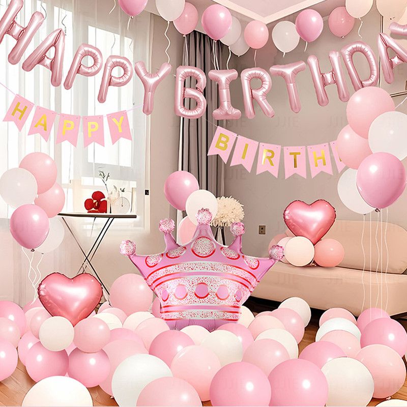 Birthday Party Decor Set: “HAPPY BIRTHDAY” Balloons + Bunting + Crown Set, Birthday Party Decor - Pink Set - Image 2