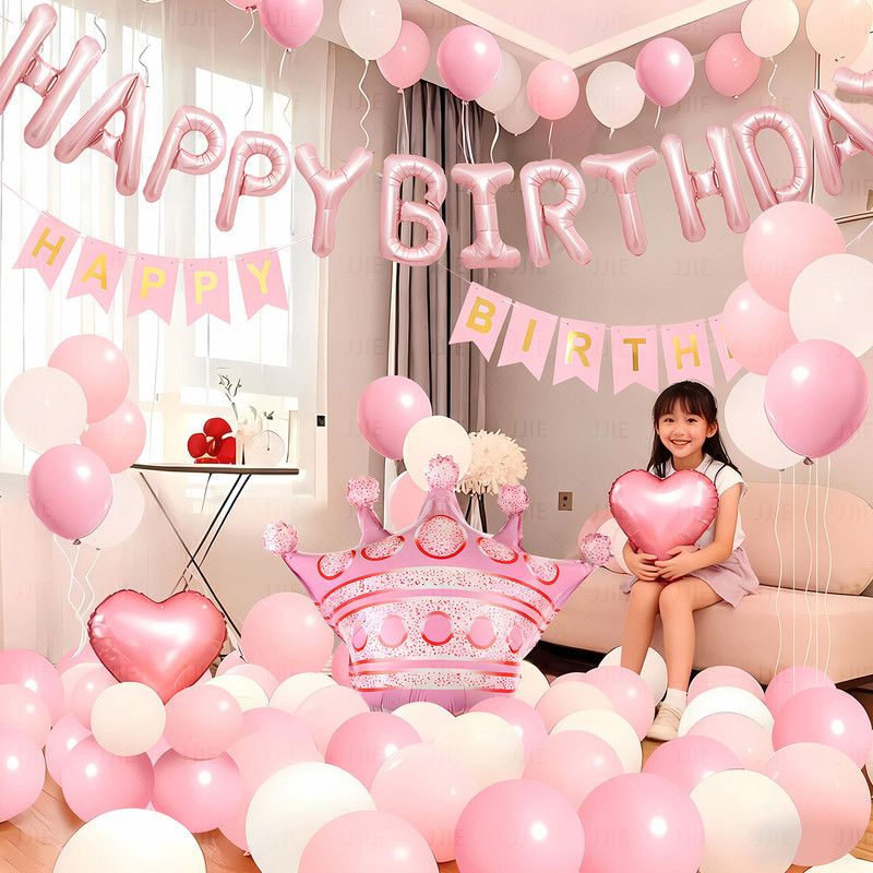 Birthday Party Decor Set: “HAPPY BIRTHDAY” Balloons + Bunting + Crown Set, Birthday Party Decor - Pink Set - Image 3