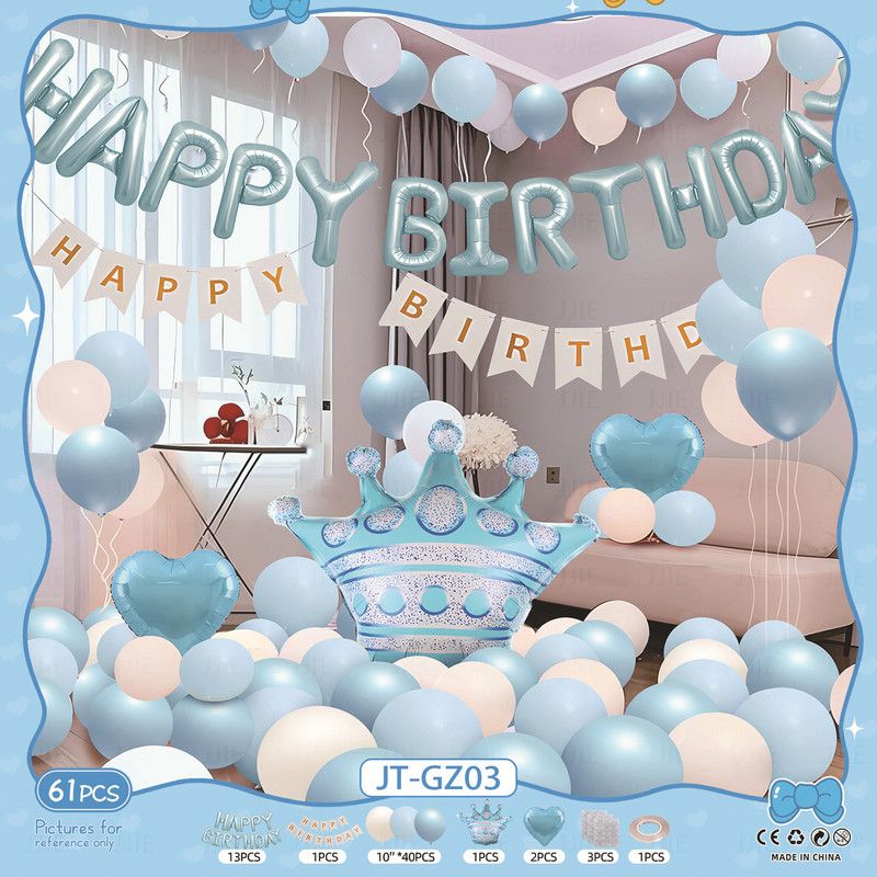 Birthday Party Decor Set: “HAPPY BIRTHDAY” Balloons + Bunting + Crown Set, Birthday Party Decor - Blue Set - Image 1