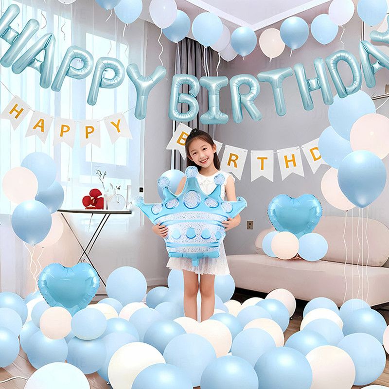 Birthday Party Decor Set: “HAPPY BIRTHDAY” Balloons + Bunting + Crown Set, Birthday Party Decor - Blue Set - Image 4