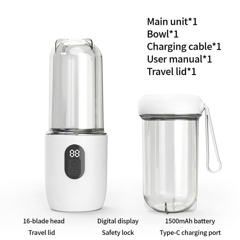 Portable Electric Juicer Cup, with Digital Display, for Home Use, High-Power 16-Blade Head, Large-Capacity Outdoor Portable Wireless Charging Juicer Cup, Food-Grade Material with Child Safety Lock Design - White - Image 1