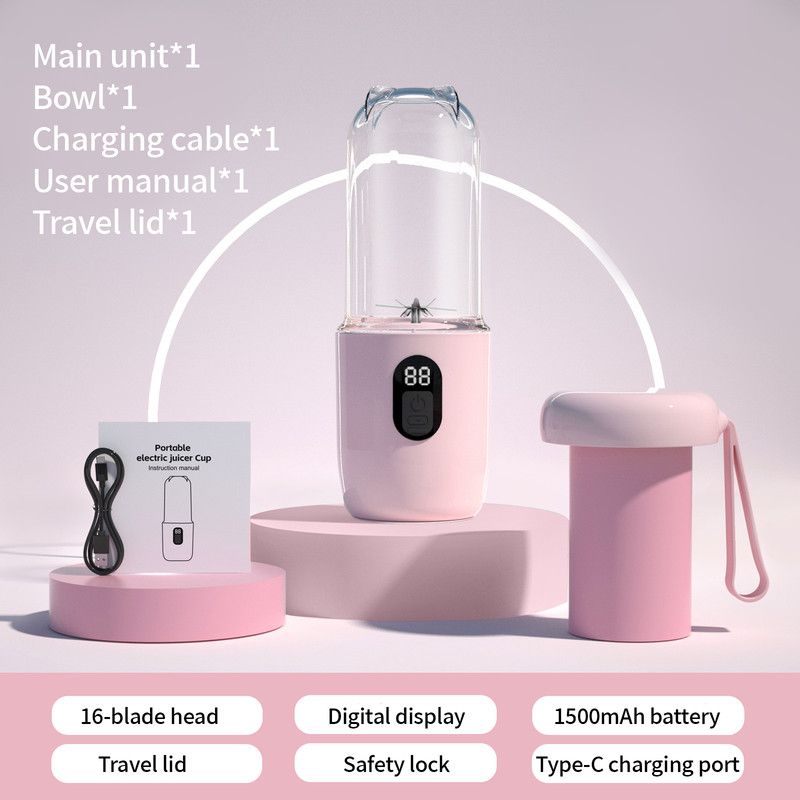 Portable Electric Juicer Cup, with Digital Display for Home Use, High-Power 16-Blade Head, Large-Capacity Outdoor Portable Wireless Charging Juicer Cup, Food-Grade Material with Child Safety Lock Design - Pink - Image 1