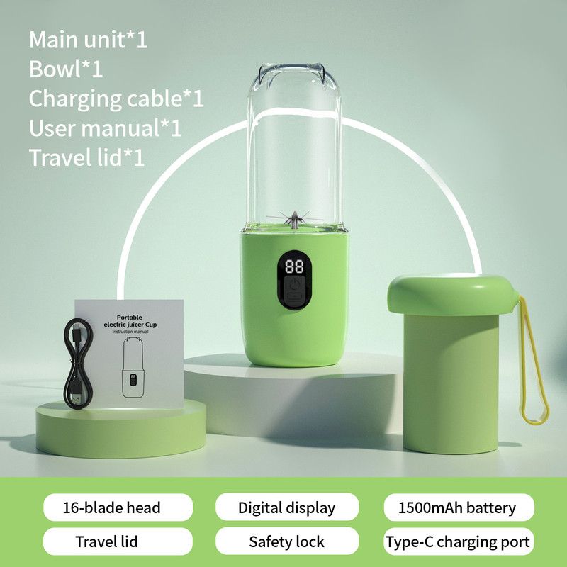 Portable Electric Juicer Cup, with Digital Display for Home Use, High-Power 16-Blade Head, Large-Capacity Outdoor Portable Wireless Charging Juicer Cup, Food-Grade Material with Child Safety Lock Design - Green - Image 1