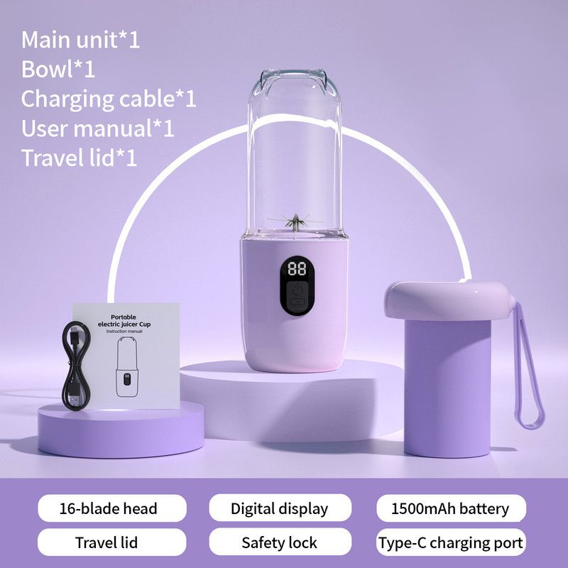 Portable Electric Juicer Cup with Digital Display for Home Use, High-Powered 16-Blade Head, Large-Capacity Outdoor Portable Wireless Charging Juicer Cup, Food-Grade Material with Child Safety Lock—Purple - Image 1