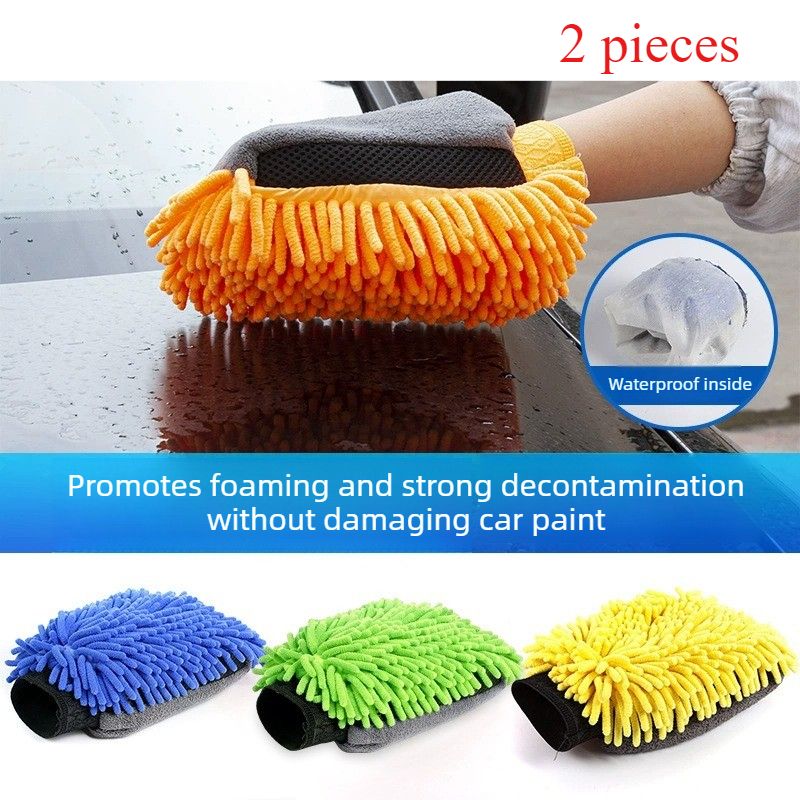 Car-Grade Chenille Car Wash Gloves, Thickened Waterproof Car Wiping Cloth, Easy-Lathering and Stain-Removing, Car Cleaning Gloves, Coral Fleece Car Wiping Gloves, Thickened Absorbent Car Cleaning Tool - Orange - Image 2