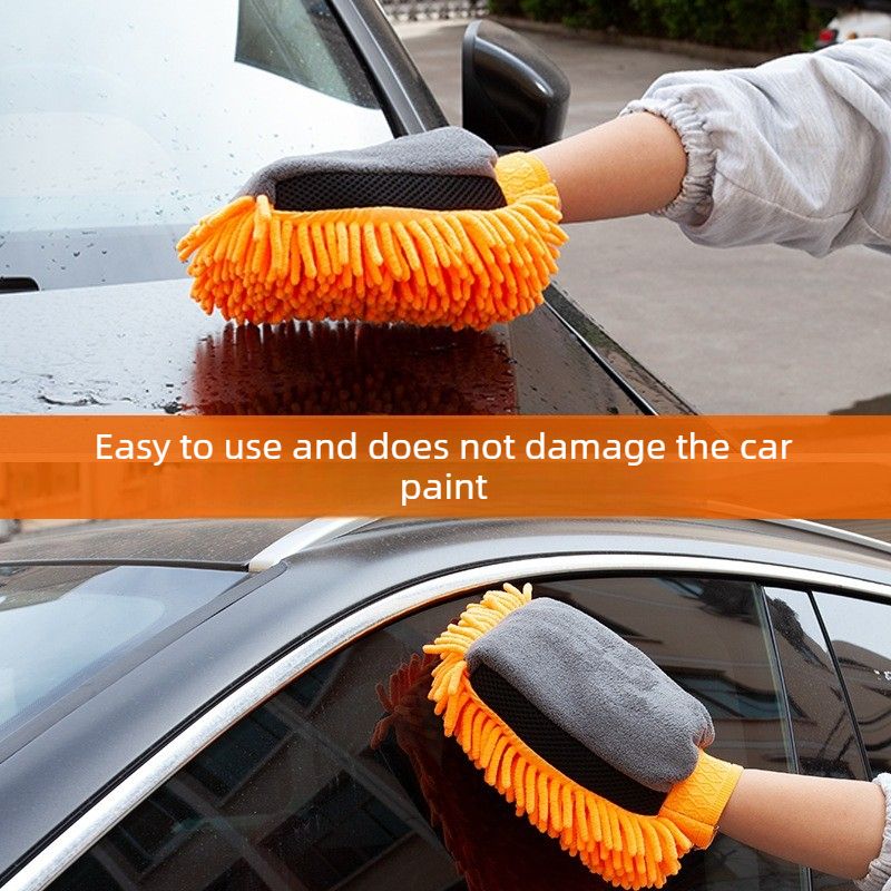 Car Chenille Washing Gloves, Thickened Waterproof Car Wipes, Easy-Lathering and Stain-Removing, Car Cleaning Gloves, Coral Fleece Car Wipes, Thickened Absorbent Car Cleaning Tools - Yellow - Image 3