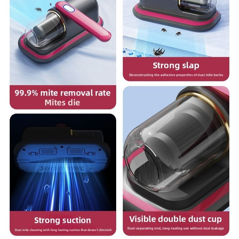 Home Handheld Dust Mite Vacuum Cleaner, High-Frequency Dual-Beating + UV Sterilization, Cordless Portable Dust Mite Remover for Mattresses and Sofas, Cordless Portable Dust Mite Remover for Mattresses and Sofas - Red - Image 2