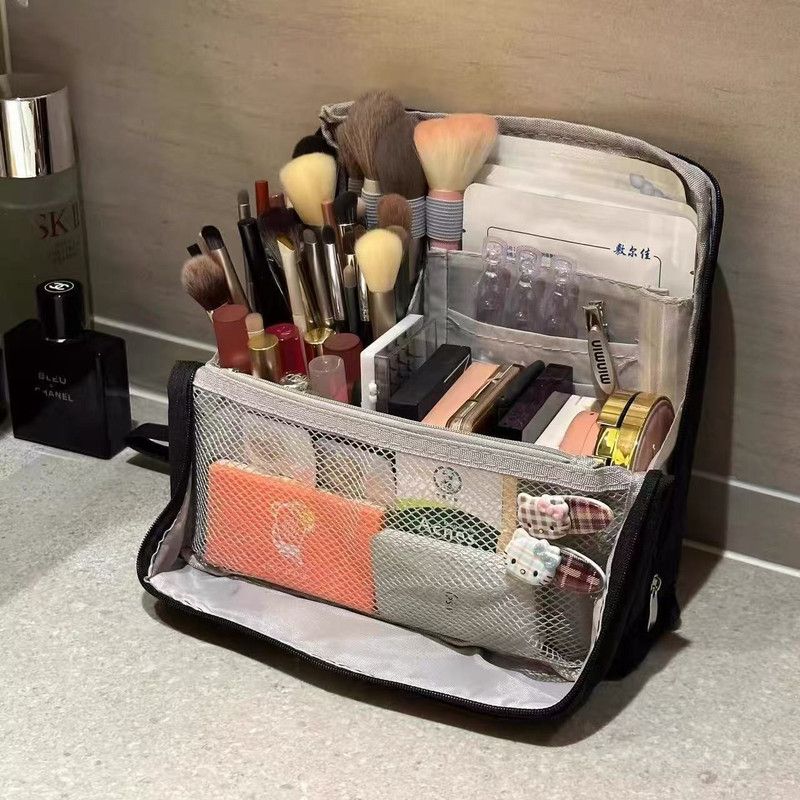 Portable Multi-Functional Toiletry Bag, Stand-Up Large-Capacity Storage Bag for Makeup Brushes, Cosmetics, and Toiletries, Jinbu Multi-Compartment Storage Bag - Black - Image 1
