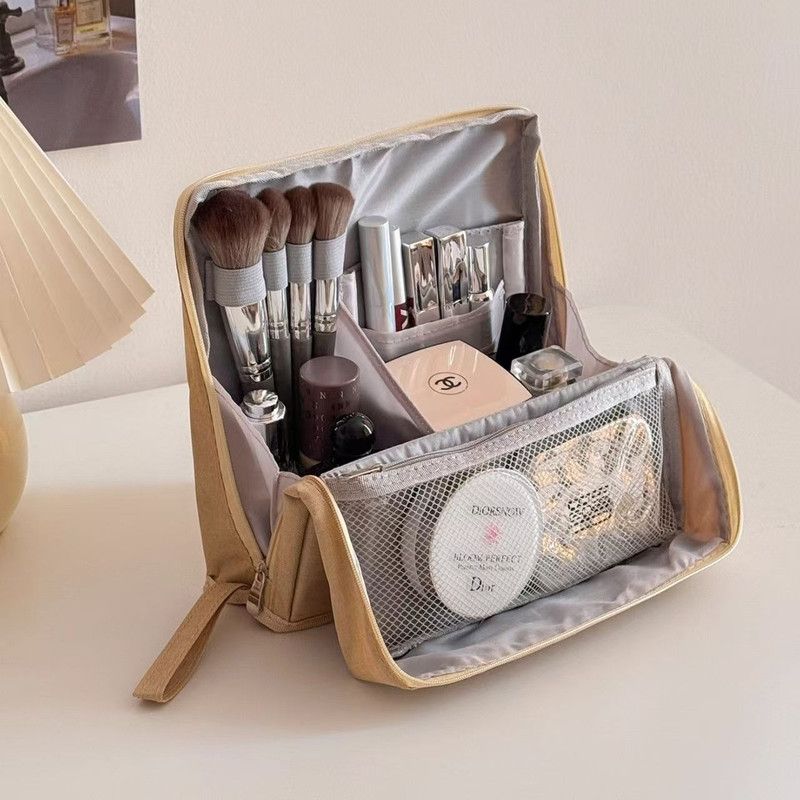 Portable Multi-Functional Toiletry Bag, Stand-Up Large-Capacity Storage Bag for Makeup Brushes, Cosmetics, and Toiletries, Jinbu Multi-Compartment Storage Bag - Yellow - Image 1