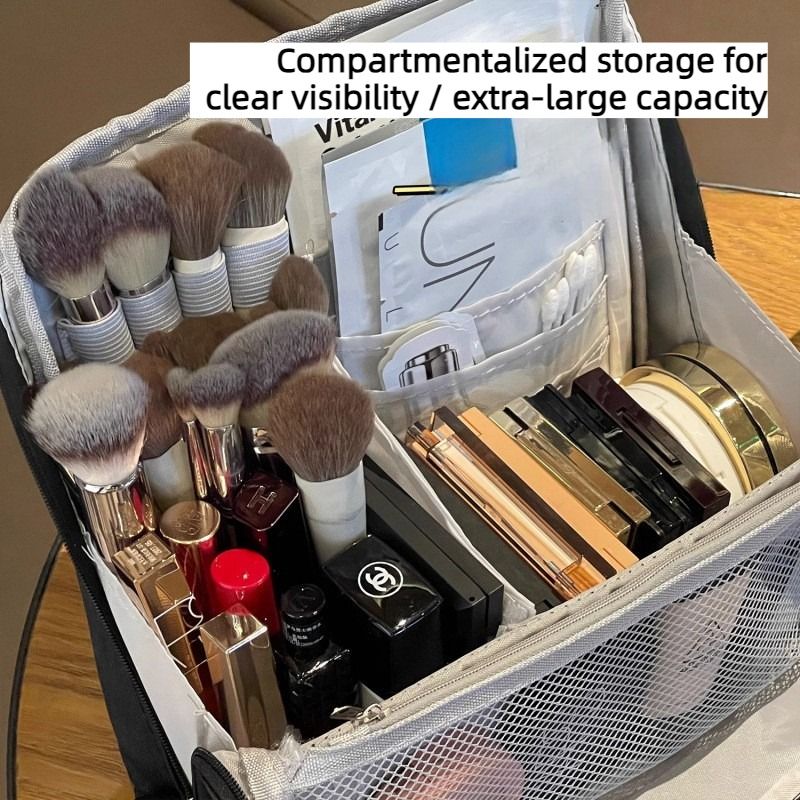 Portable Multi-Functional Toiletry Bag, Stand-Up Large-Capacity Storage Bag for Makeup Brushes, Cosmetics, and Toiletries, Jinbu Multi-Compartment Storage Bag - Yellow - Image 2