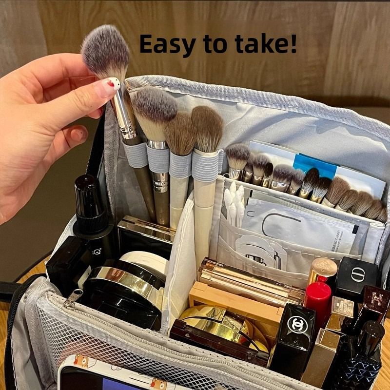 Portable Multi-Functional Toiletry Bag, Stand-Up Large-Capacity Storage Bag for Makeup Brushes, Cosmetics, and Toiletries, Jinbu Multi-Compartment Storage Bag - Yellow - Image 3