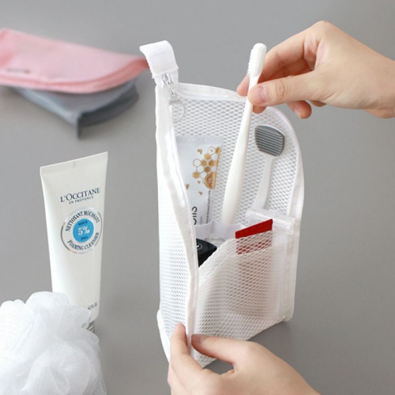 EVA Mesh Travel Toothbrush Organizer, Portable Toiletry Pouch, Multifunctional Organizer for Toothpaste, Eyebrow Pencils, and Lipstick - White - Image 3