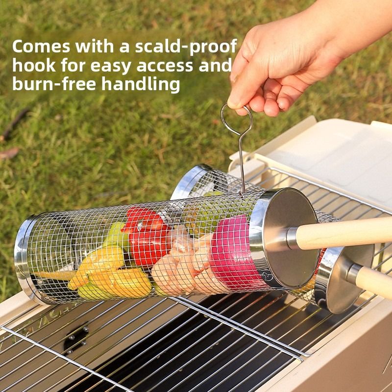 Food-grade stainless steel rotisserie skewer, 360° rotatable, with heat-resistant wooden handle—outdoor camping barbecue tool (Large) - Image 3