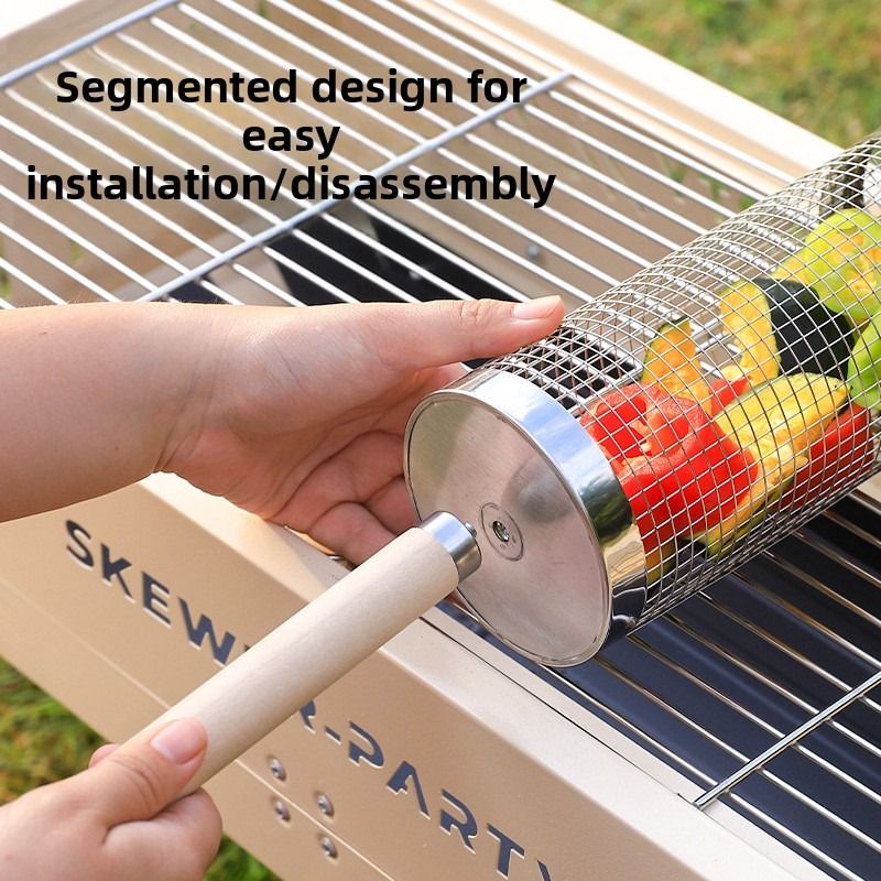 Food-grade stainless steel rotisserie skewer, 360° rotatable, with heat-resistant wooden handle—outdoor camping barbecue tool (Large) - Image 4