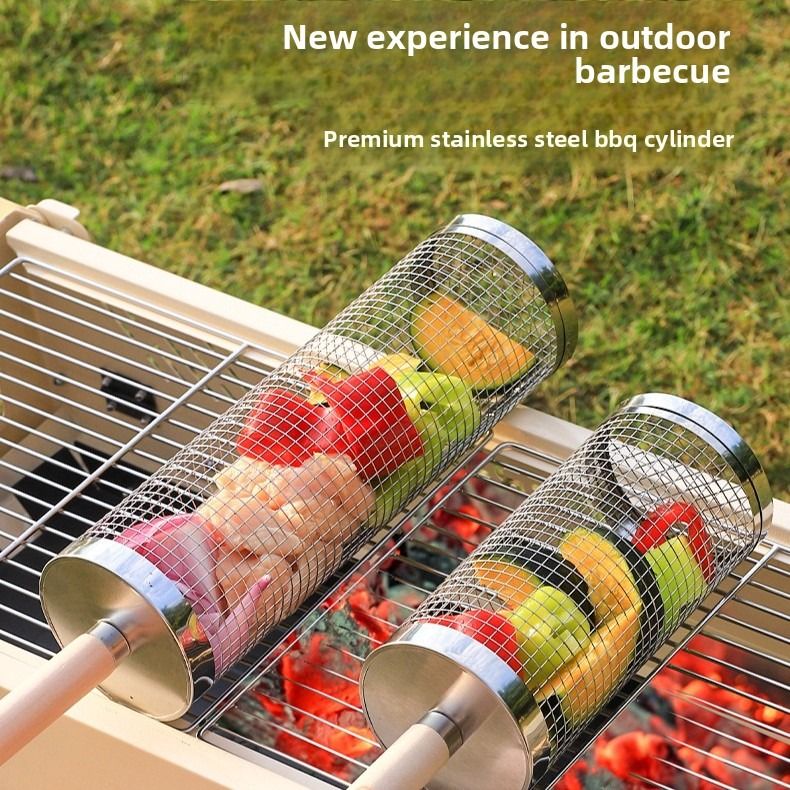 Food-grade stainless steel rotisserie skewer, 360° rotatable, with heat-resistant wooden handle—outdoor camping barbecue tool (Large) - Image 5