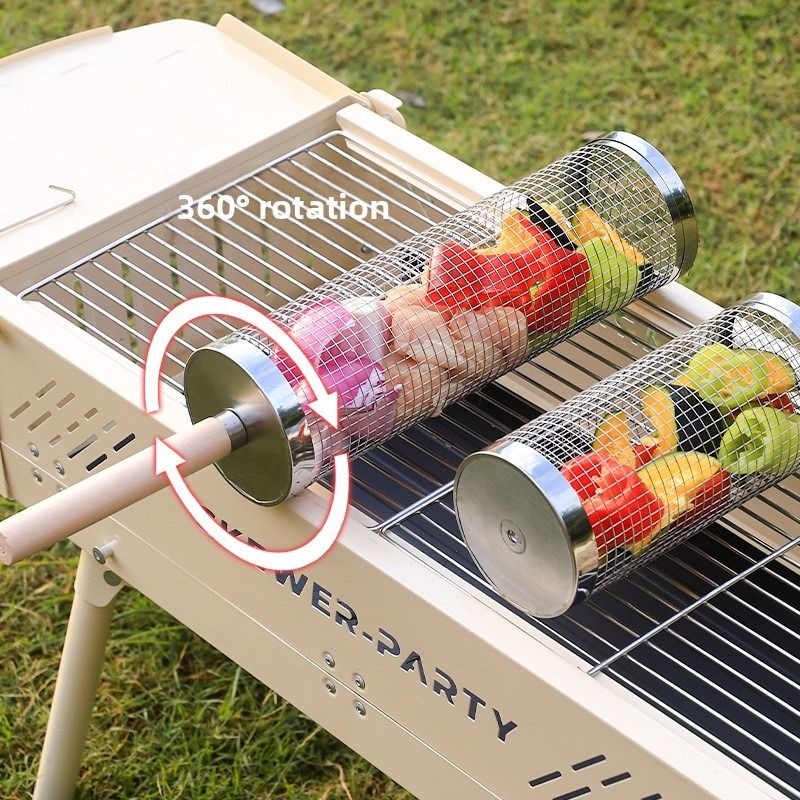 Food-grade stainless steel rotisserie skewer, 360° rotatable, with heat-resistant wooden handle—outdoor camping barbecue tool (Small) - Image 2