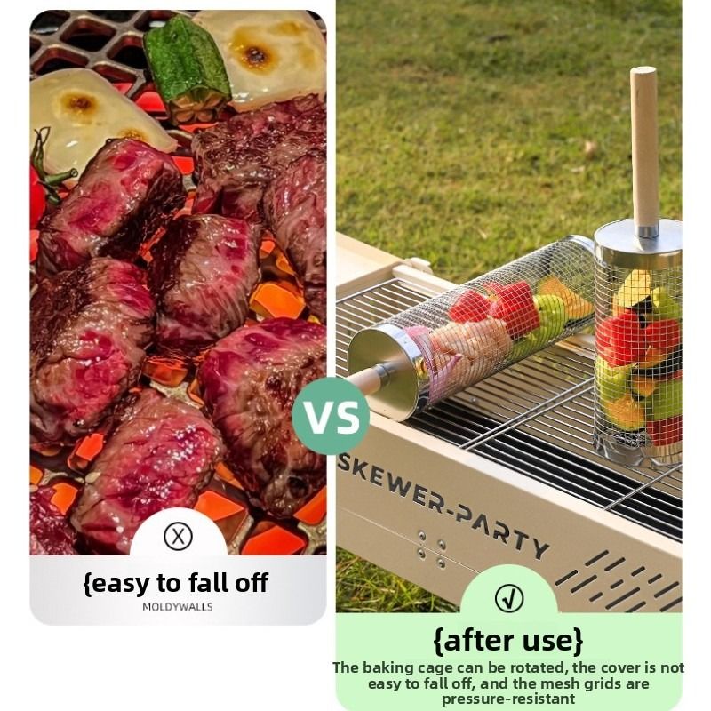 Food-grade stainless steel rotisserie skewer, 360° rotatable, with heat-resistant wooden handle—outdoor camping barbecue tool (Small) - Image 6