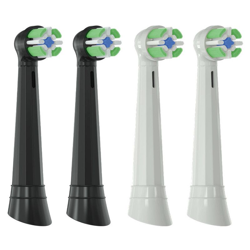 Replacement brush heads for rotary electric toothbrushes. Compatible with Oral-B's IO series (not genuine). High-density, rounded soft bristles. Pack of 4 (2 black, 2 white) - Image 1