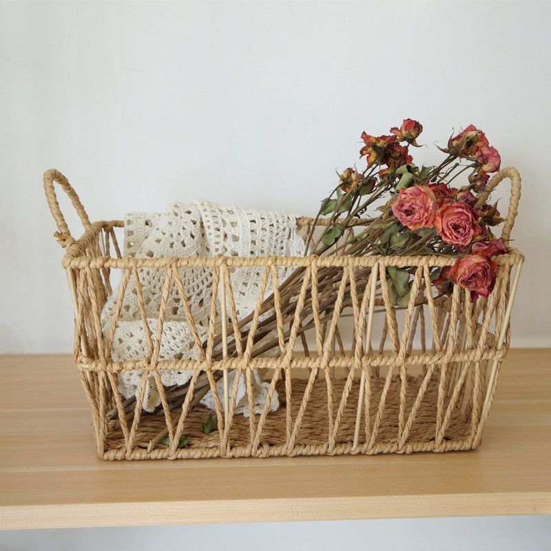 Handwoven paper rope storage basket with a rectangular design and two handles; perfect for organizing desk clutter, snacks, and cosmetics; Bohemian-style storage basket - Image 1