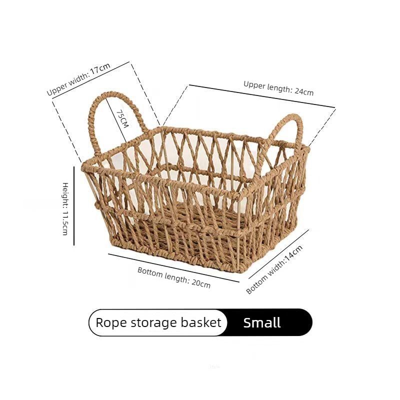 Handwoven paper rope storage basket with a rectangular design and two handles; perfect for organizing desk clutter, snacks, and cosmetics; Bohemian-style storage basket - Image 2