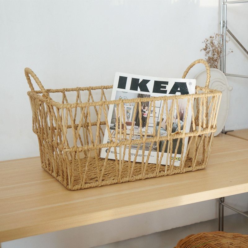 Handwoven paper rope storage basket with a rectangular design and two handles; perfect for organizing desk clutter, snacks, and cosmetics; Bohemian-style storage basket - Image 3