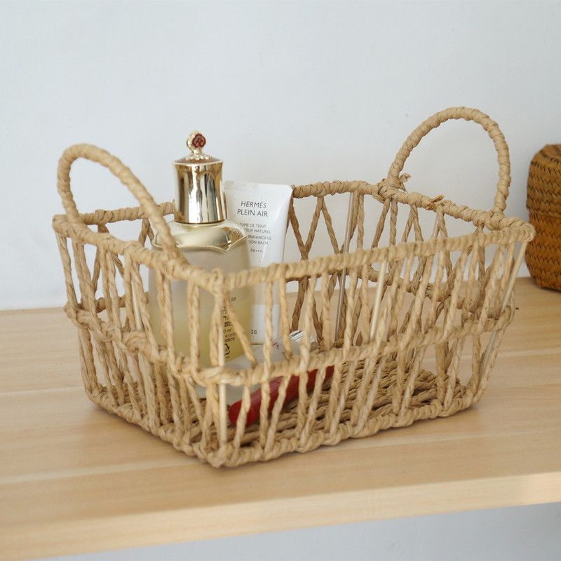 Handwoven paper rope storage basket with a rectangular design and two handles; perfect for organizing desk clutter, snacks, and cosmetics; Bohemian-style storage basket - Image 4
