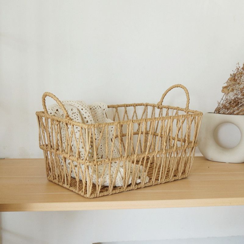 Handwoven paper rope storage basket with a rectangular design and two handles; perfect for organizing desk clutter, snacks, and cosmetics; Bohemian-style storage basket - Image 5