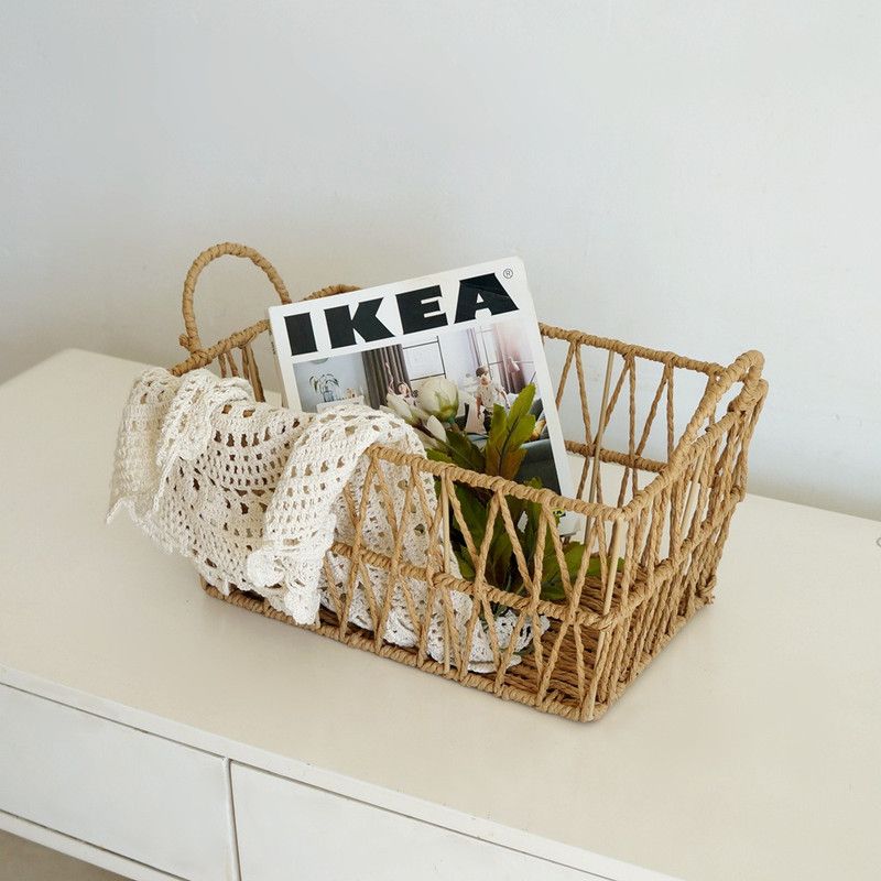 Handwoven paper rope storage basket with a rectangular design and two handles; perfect for organizing desk clutter, snacks, and cosmetics; Bohemian-style storage basket - Image 6