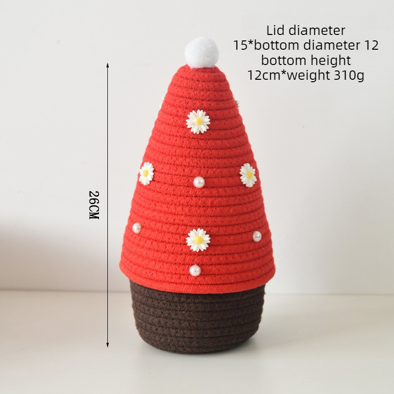 Christmas-themed cotton yarn woven storage basket, Christmas tree-shaped desktop storage box with lid, entryway key and remote control holder - cosmetic storage box - red - Image 1