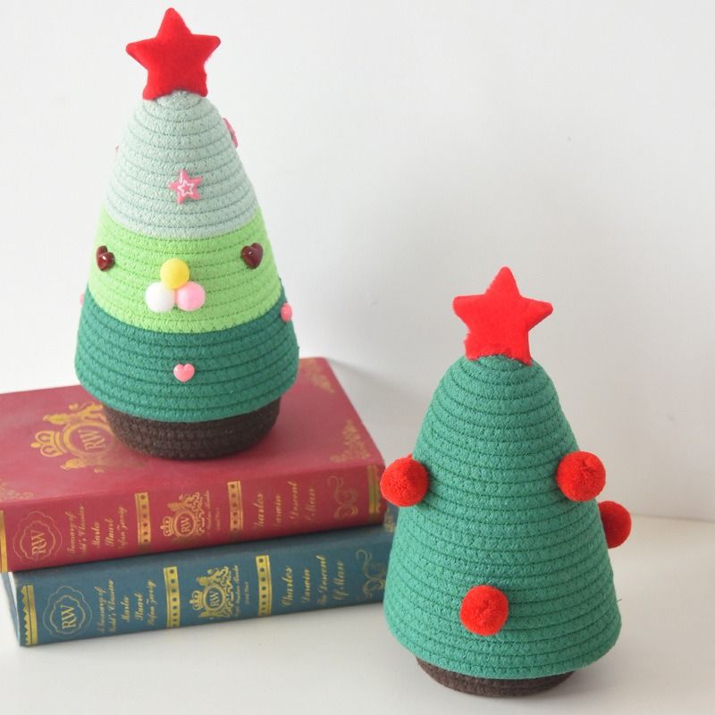 Christmas-themed cotton yarn woven storage basket, Christmas tree-shaped desktop storage box with lid, entryway key and remote control holder - cosmetic storage box - red - Image 7