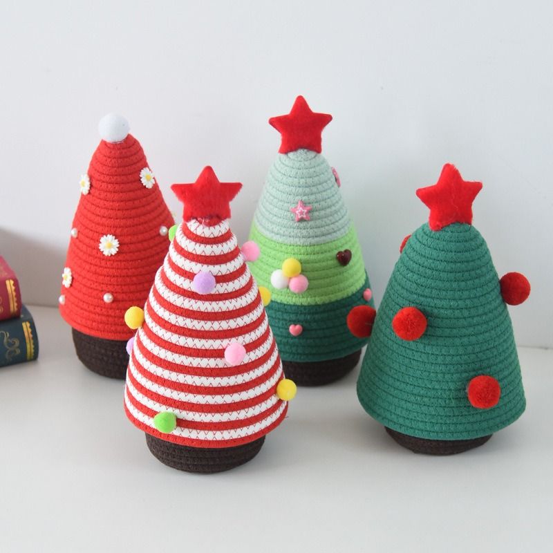 Christmas-themed cotton yarn woven storage basket, Christmas tree-shaped desktop storage box with lid, entryway key and remote control organizer - cosmetic storage box - red and white - Image 2