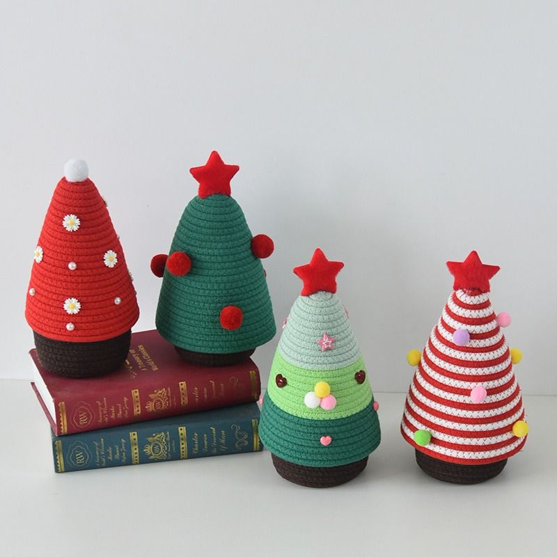 Christmas-themed cotton yarn woven storage basket, Christmas tree-shaped desktop storage box with lid, entryway key and remote control organizer - cosmetic storage box - red and white - Image 3