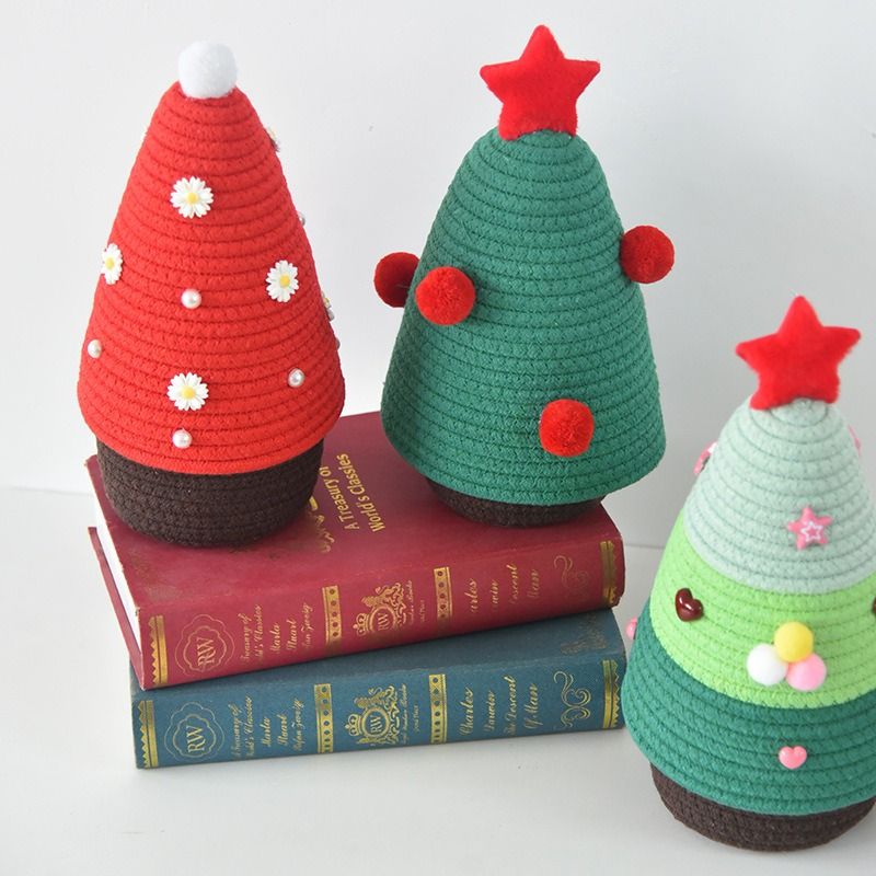 Christmas-themed cotton yarn woven storage basket, Christmas tree-shaped desktop storage box with lid, entryway key and remote control organizer - cosmetic storage box - green - Image 8