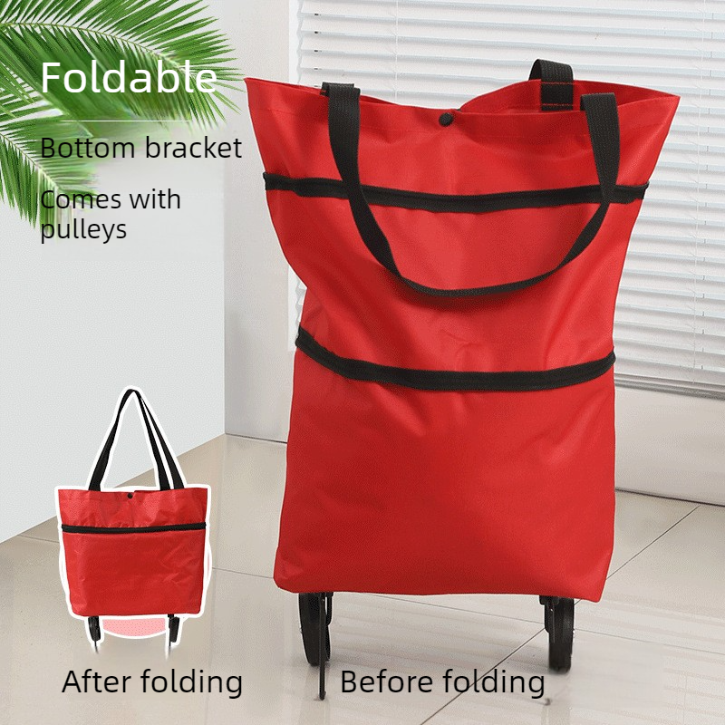 Foldable Shopping Trolley with Wheels, Portable Large-Capacity Oxford Cloth Shopping Cart, Home Delivery Cart - Red - Image 1