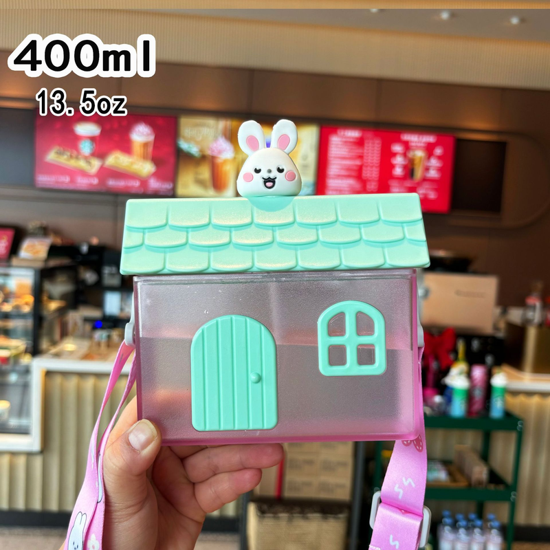 Creative Little House-Shaped Children's Straw Cup, 400ml Portable Outdoor Water Cup with Strap - Pink Bunny Design - Image 1