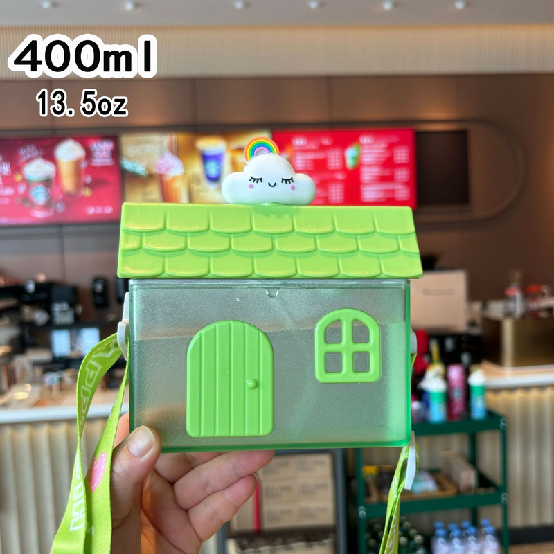Creative Little House-Shaped Children's Straw Cup, 400ml Portable Outdoor Water Cup with Strap - Green Rainbow Design - Image 1