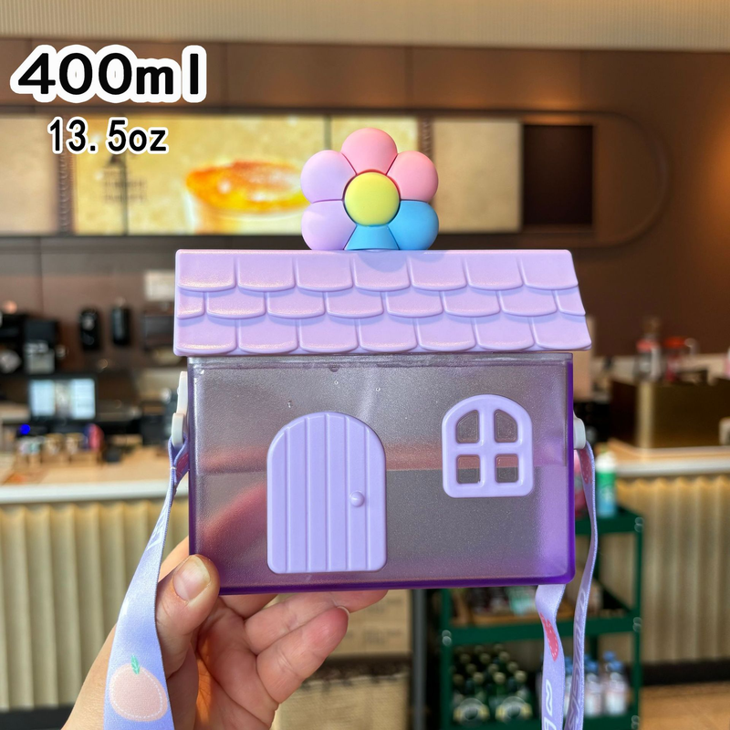 Creative Little House-Shaped Children's Straw Cup, 400ml Portable Outdoor Water Cup with Strap - Purple Flowers Design - Image 1