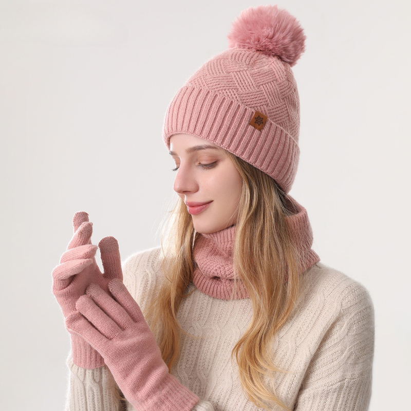 Women's Fashionable Winter 3-Piece Set: Knit Hat, Scarf, and Gloves.  A must-have for outdoor skiing and cycling - Pink - Image 1