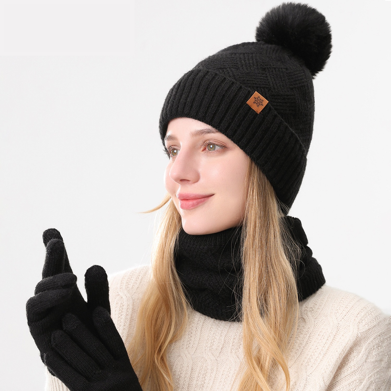 Women's Fashionable Winter 3-Piece Set: Knit Hat, Scarf, and Gloves.  A must-have for outdoor skiing and cycling - Black - Image 1