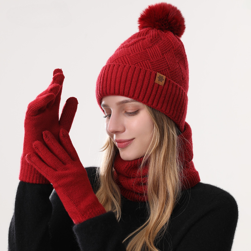 Women's Fashionable Winter 3-Piece Set: Knit Hat, Scarf, and Gloves.  A must-have for outdoor skiing and cycling - Red - Image 1