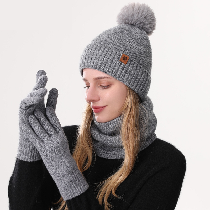 Women's Fashionable Winter 3-Piece Set: Knit Hat, Scarf, and Gloves.  A must-have for outdoor skiing and cycling—Gray - Image 1