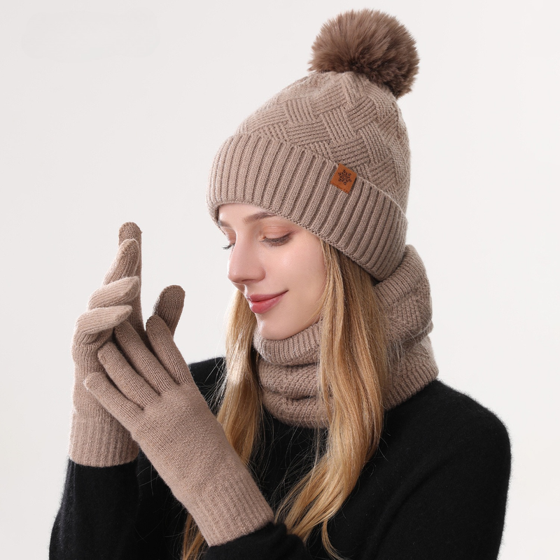 Women's Fashionable Winter 3-Piece Set: Knit Hat, Scarf, and Gloves.  A must-have for outdoor skiing and cycling - Khaki - Image 1