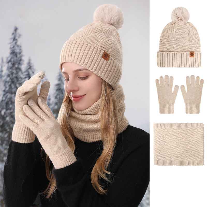 Women's Fashionable Winter 3-Piece Set: Knit Hat, Scarf, and Gloves.  A must-have for outdoor skiing and cycling—Beige - Image 1