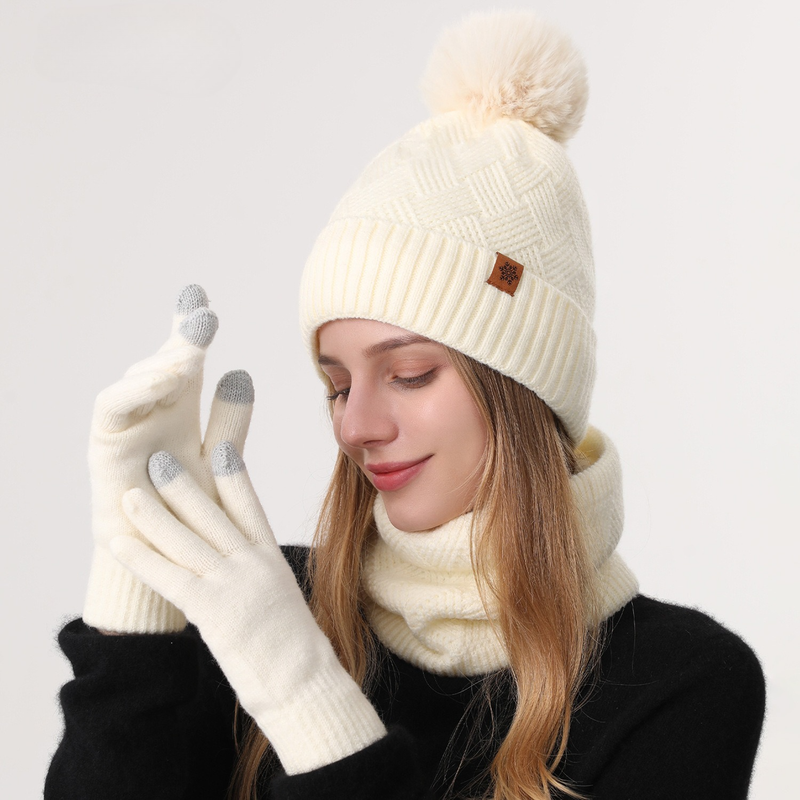 Women's Fashionable Winter 3-Piece Set: Knit Hat, Scarf, and Gloves.  A must-have for outdoor skiing and cycling - Off-White - Image 1