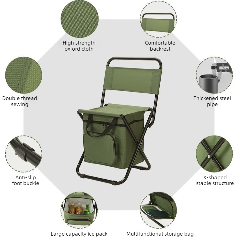 3-in-1 Outdoor Folding Chair with 10L Insulated Cooler, Durable Oxford Fabric, for Camping and Picnics - Green - Image 4