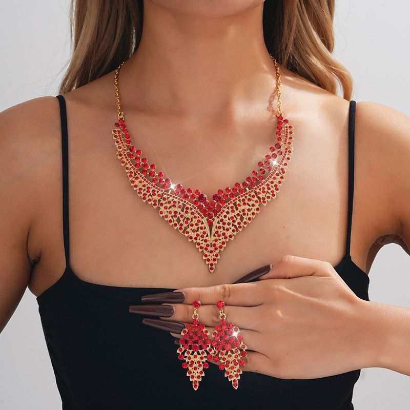 Affordable Luxury, Statement-Making Full-Diamond Necklace and Earring Set, Accessories for Banquets, Parties, and Weddings – Red - Image 1
