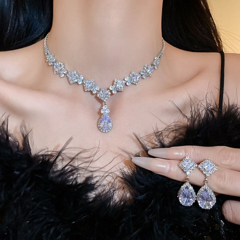 High-Brilliance Zircon Necklace and Earring Set, Evening, Wedding, and Party Jewelry for Women - Image 2