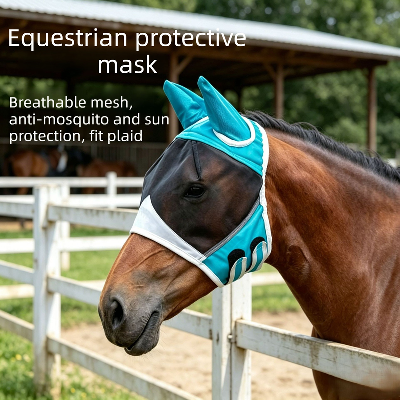 Breathable Horse Face Mask - Mosquito, Insect, and Fly Protection - Equestrian and Race Horse Head Cover - Blue - M - Image 1